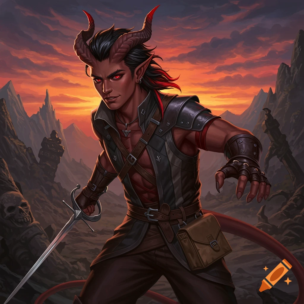 A fantasy tiefling character is depicted holding a sword in a rocky landscape during sunset.