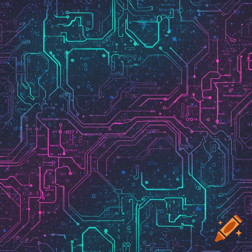 Seamless cyberpunk circuit board pattern in neon pink and blue on a dark background.