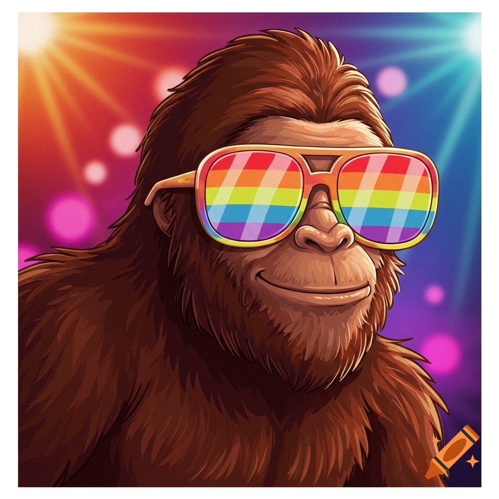A cartoon Bigfoot wearing rainbow sunglasses at a disco.