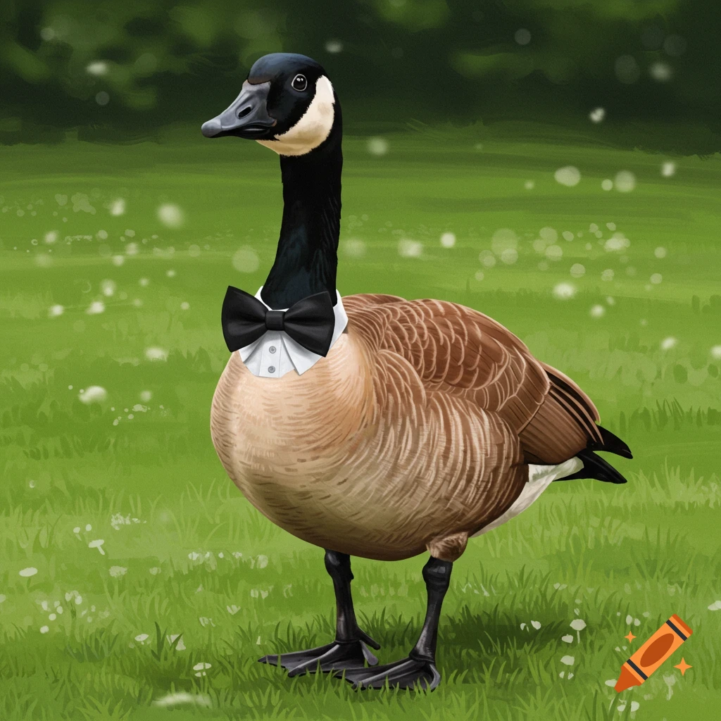 A goose wearing a black bow tie, standing on grass.
