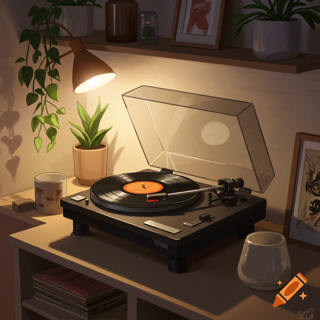 A turntable, plants, and decor are on a shelf