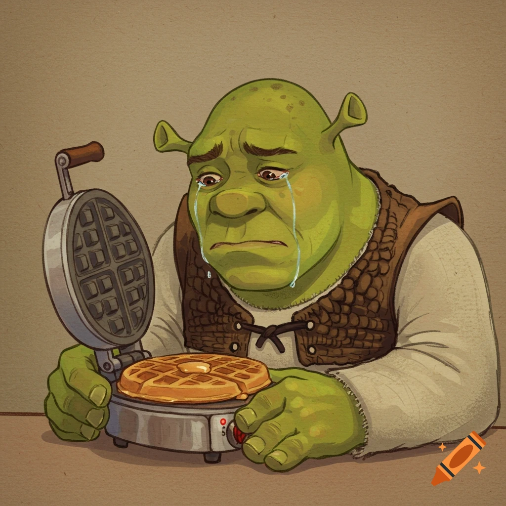 Shrek crying into a waffle iron holding a waffle with butter.