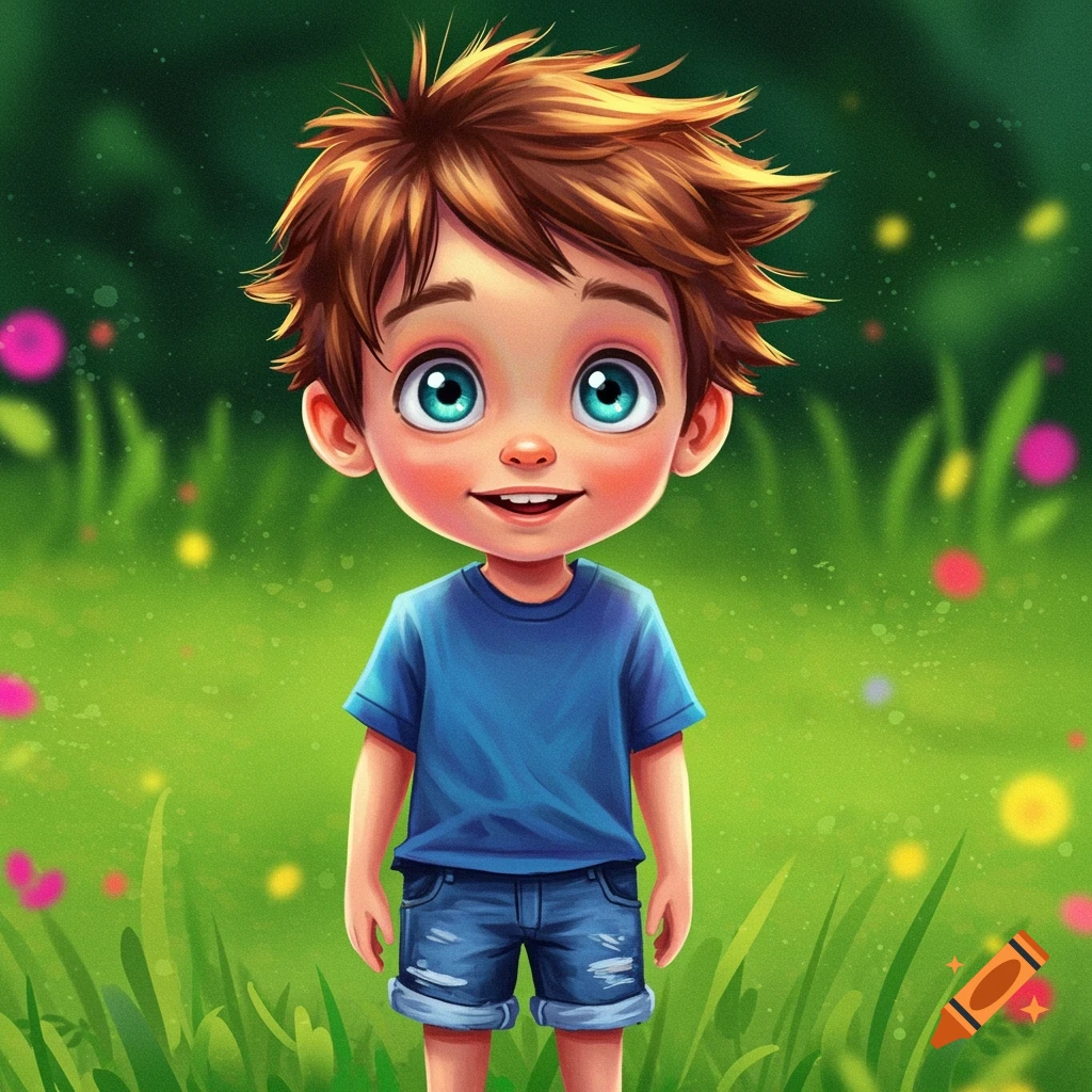 A smiling cartoon boy with big blue eyes in a bright garden.