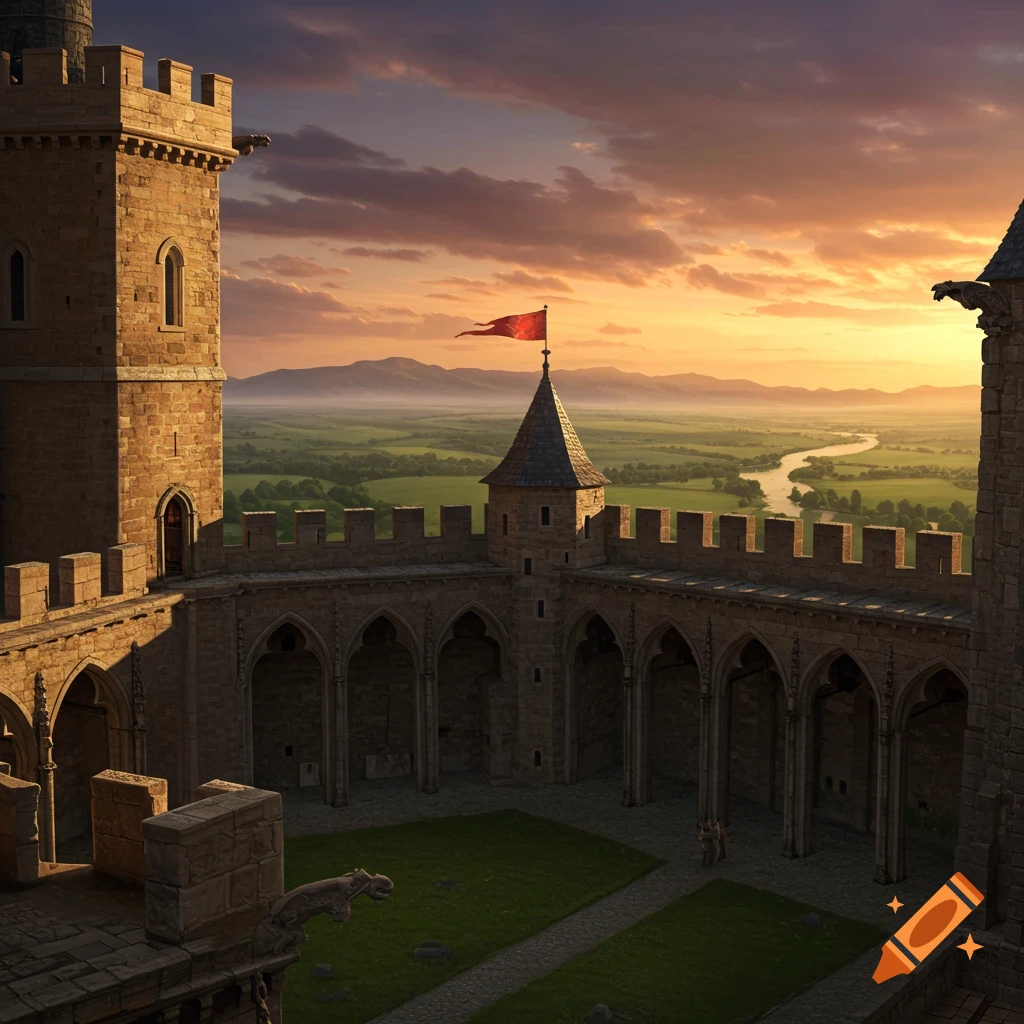 Medieval castle courtyard overlooking a valley at sunset