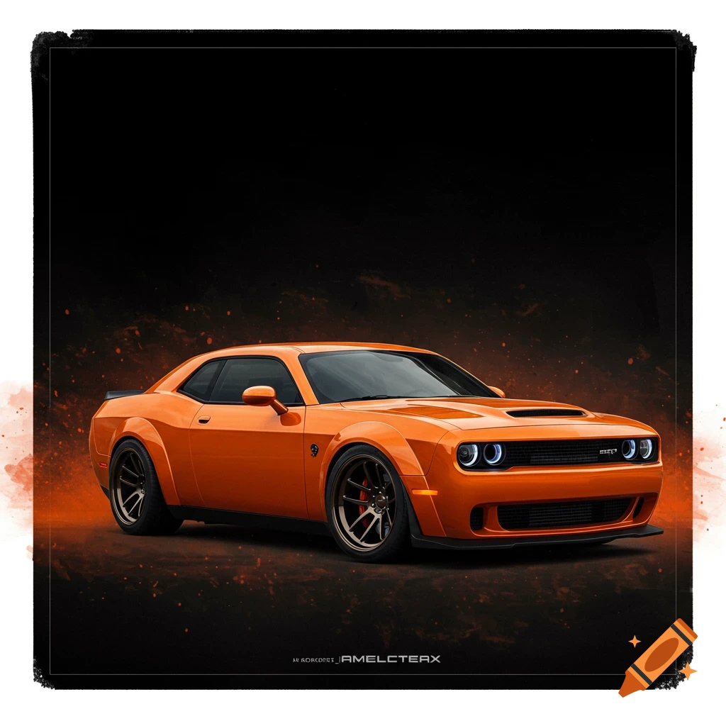 An orange Dodge Hellcat car is shown on a dark background with orange effects.