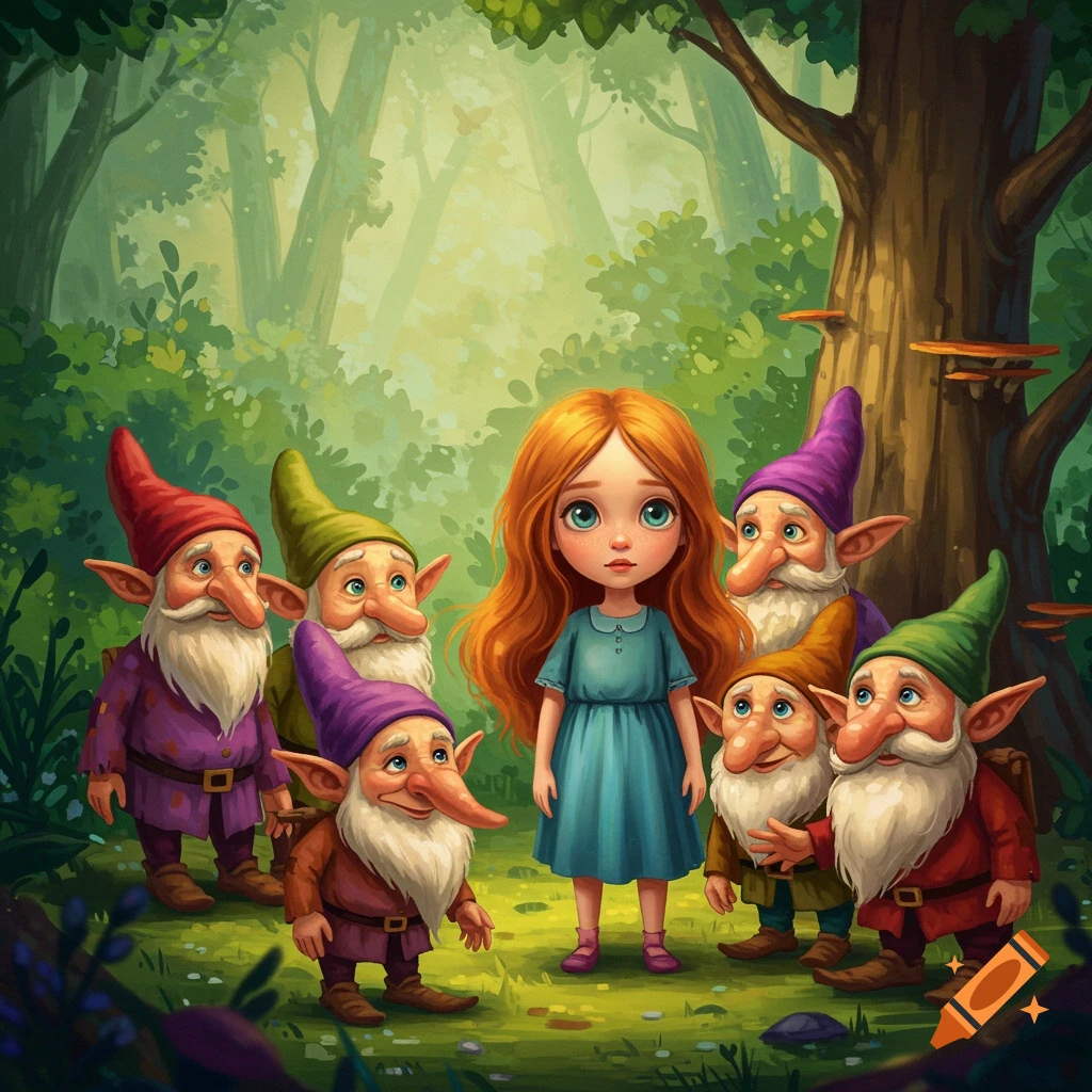 A young girl stands among dwarves in a forest.