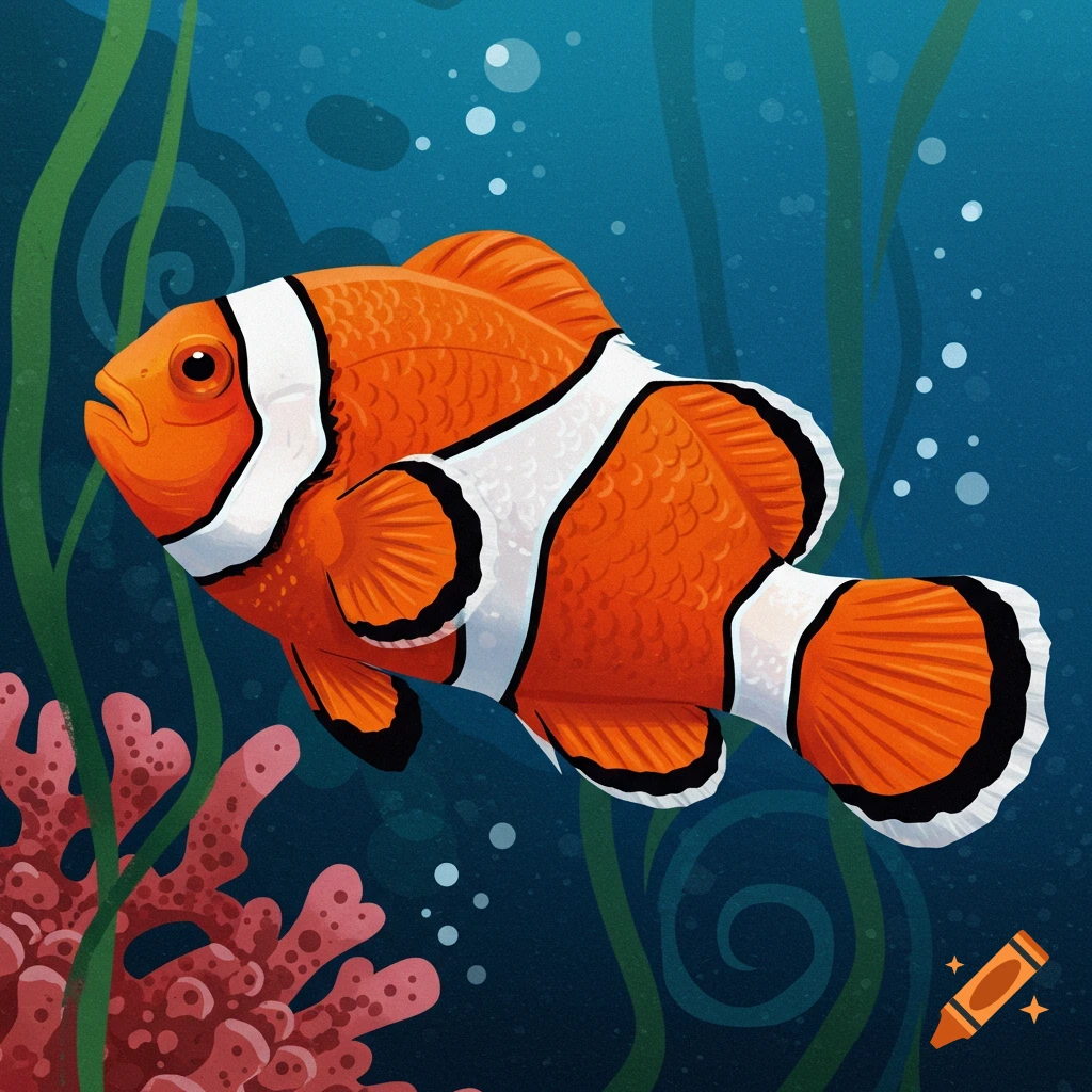 A vibrant image of a clownfish swimming underwater with coral and bubbles.
