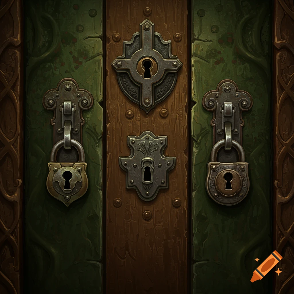 A fantasy-style wooden door with three decorative metal lock keyholes.