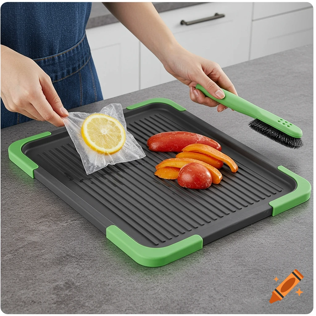 A person uses a defrosting tray with sliced food and a cleaning brush on a countertop.