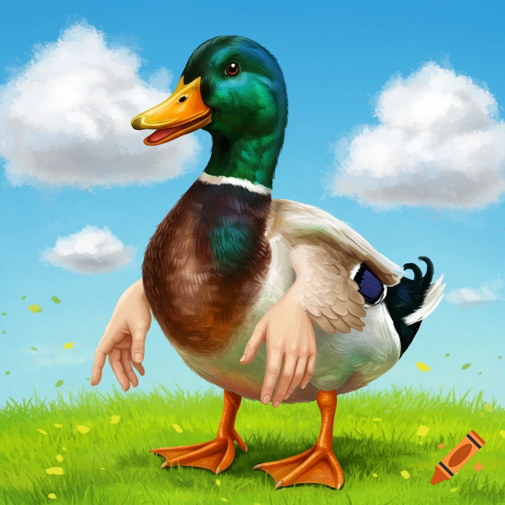 A duck with human hands standing in a grassy field.