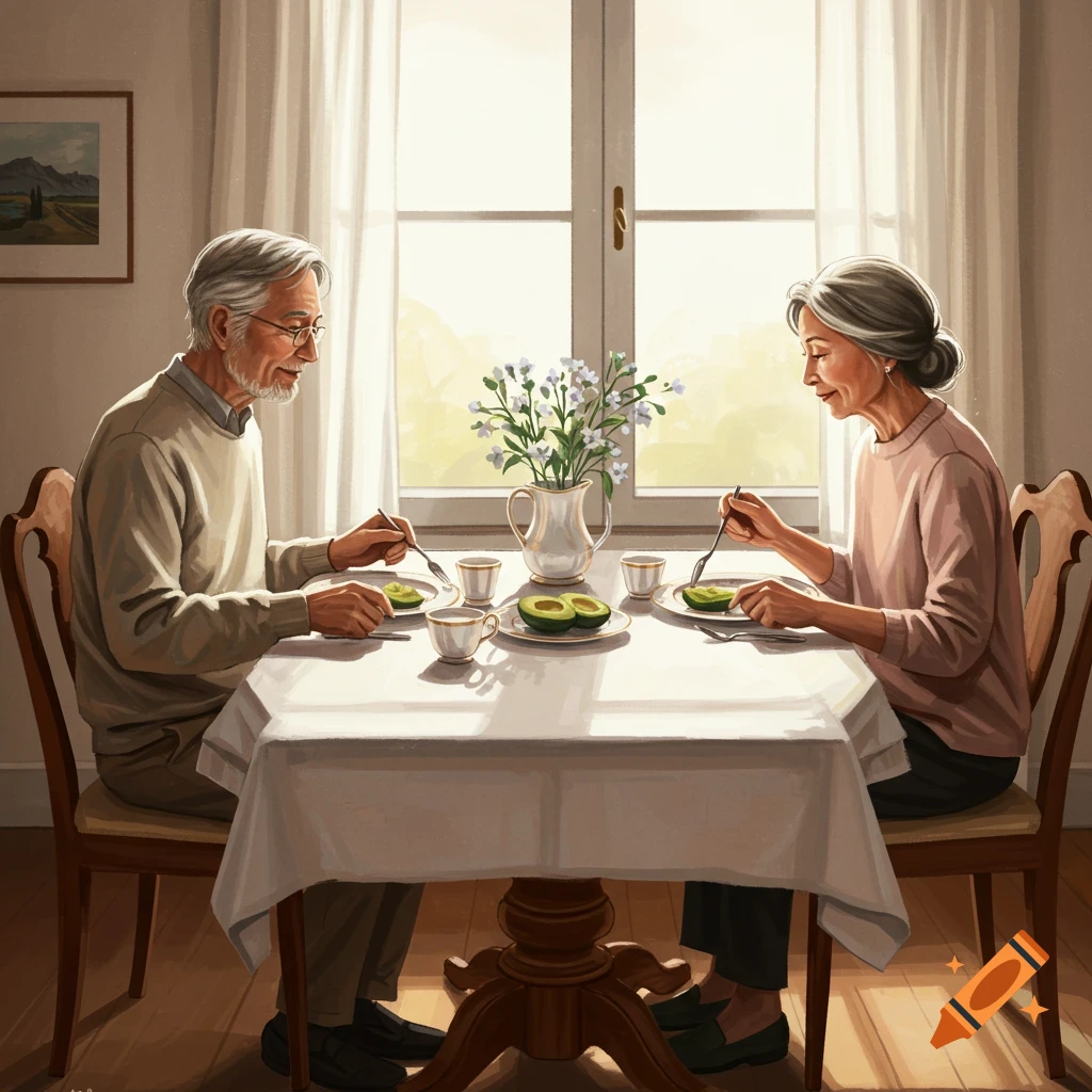 An older couple is eating avocados at a table.