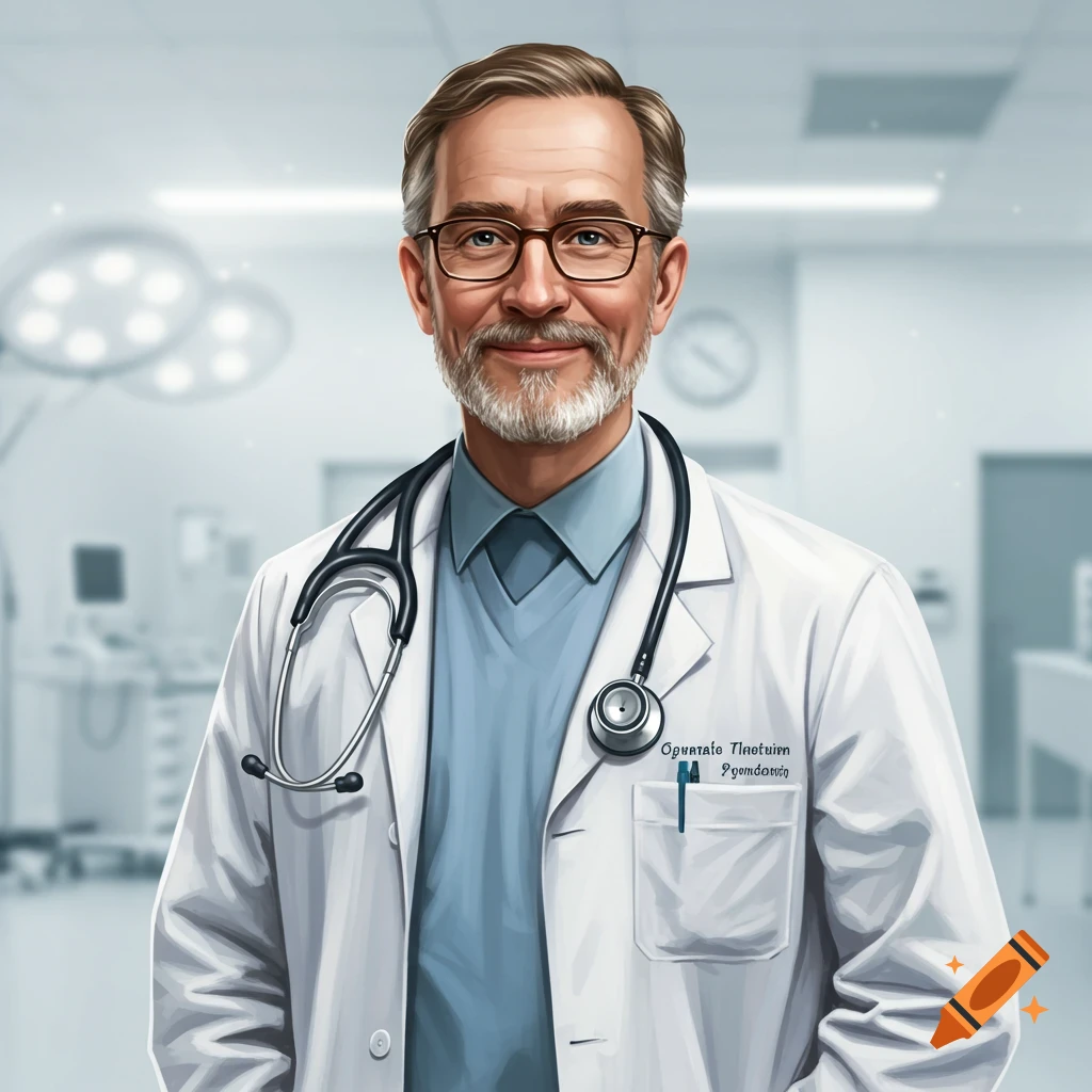 A doctor in a white coat and stethoscope, smiling in a hospital setting.