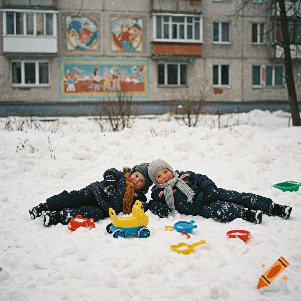 Two young children in winter clothing lie in the snow with toys in front of a Soviet-era apartment building with murals. Vintage photo style.