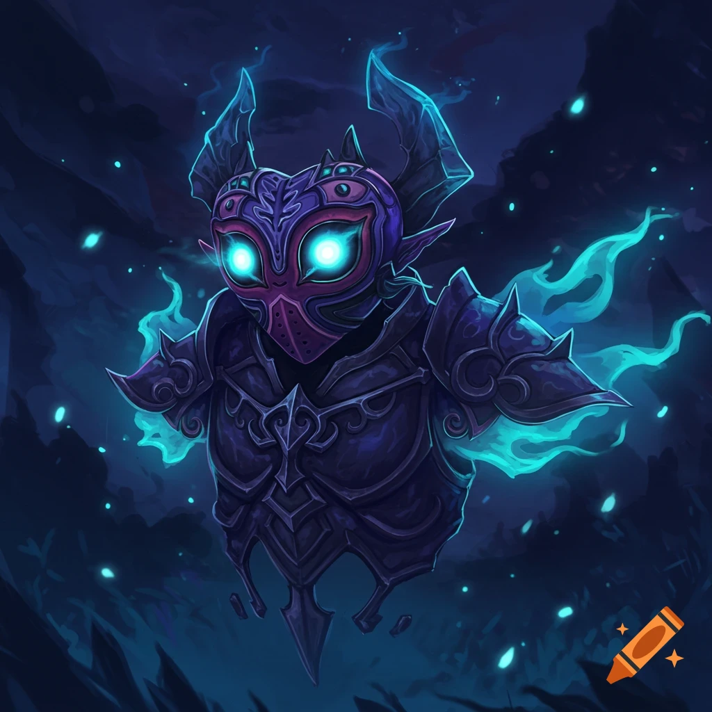 A floating fantasy creature in dark armor with glowing blue eyes and tendrils of blue energy.