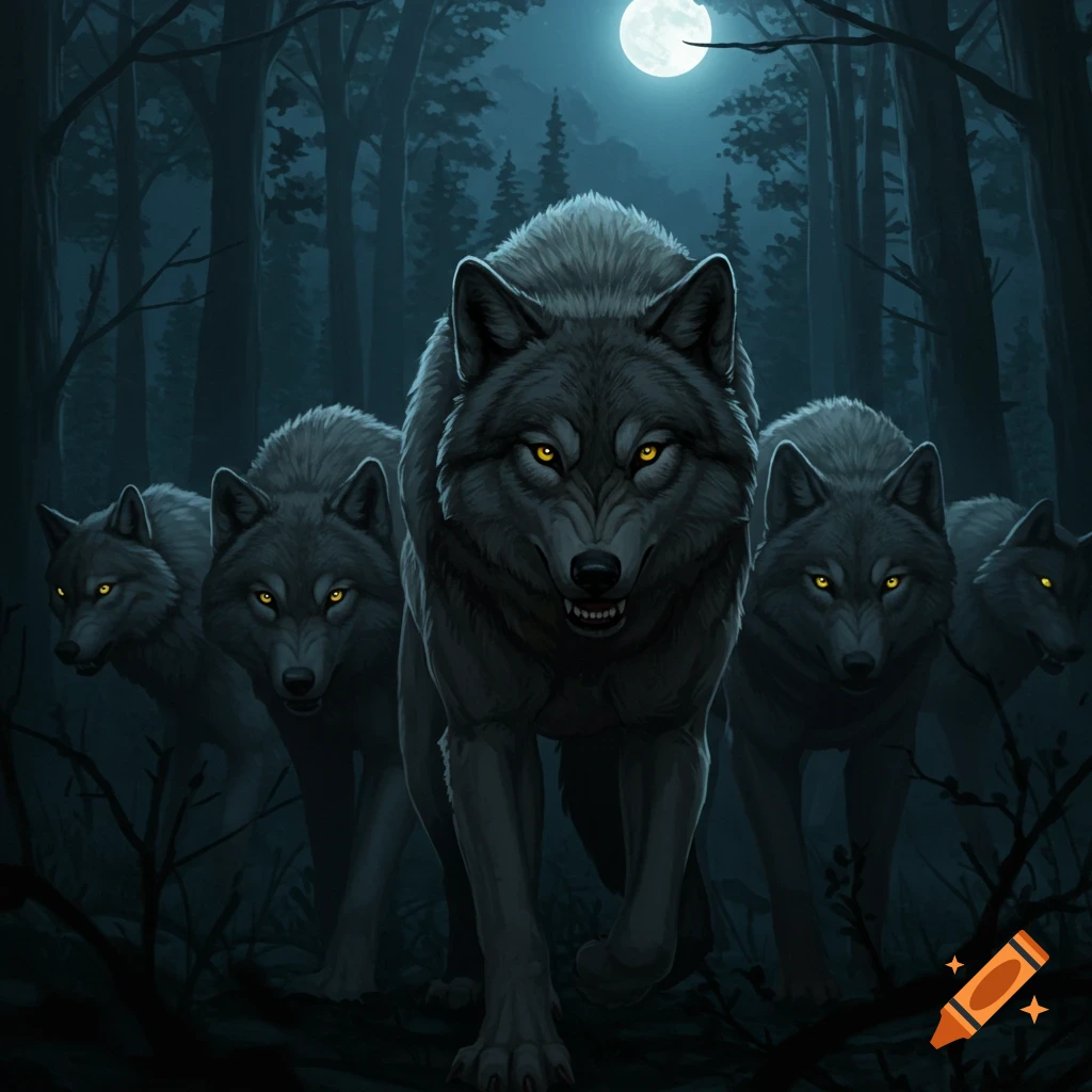 Menacing wolves with glowing eyes in a dark forest under a full moon.