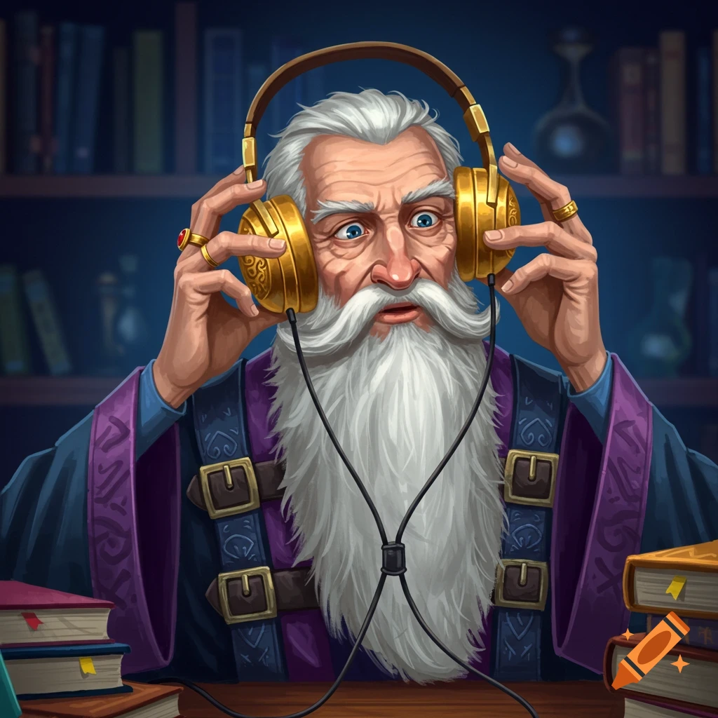 An old wizard with headphones, sitting at a desk with books, looks surprised.
