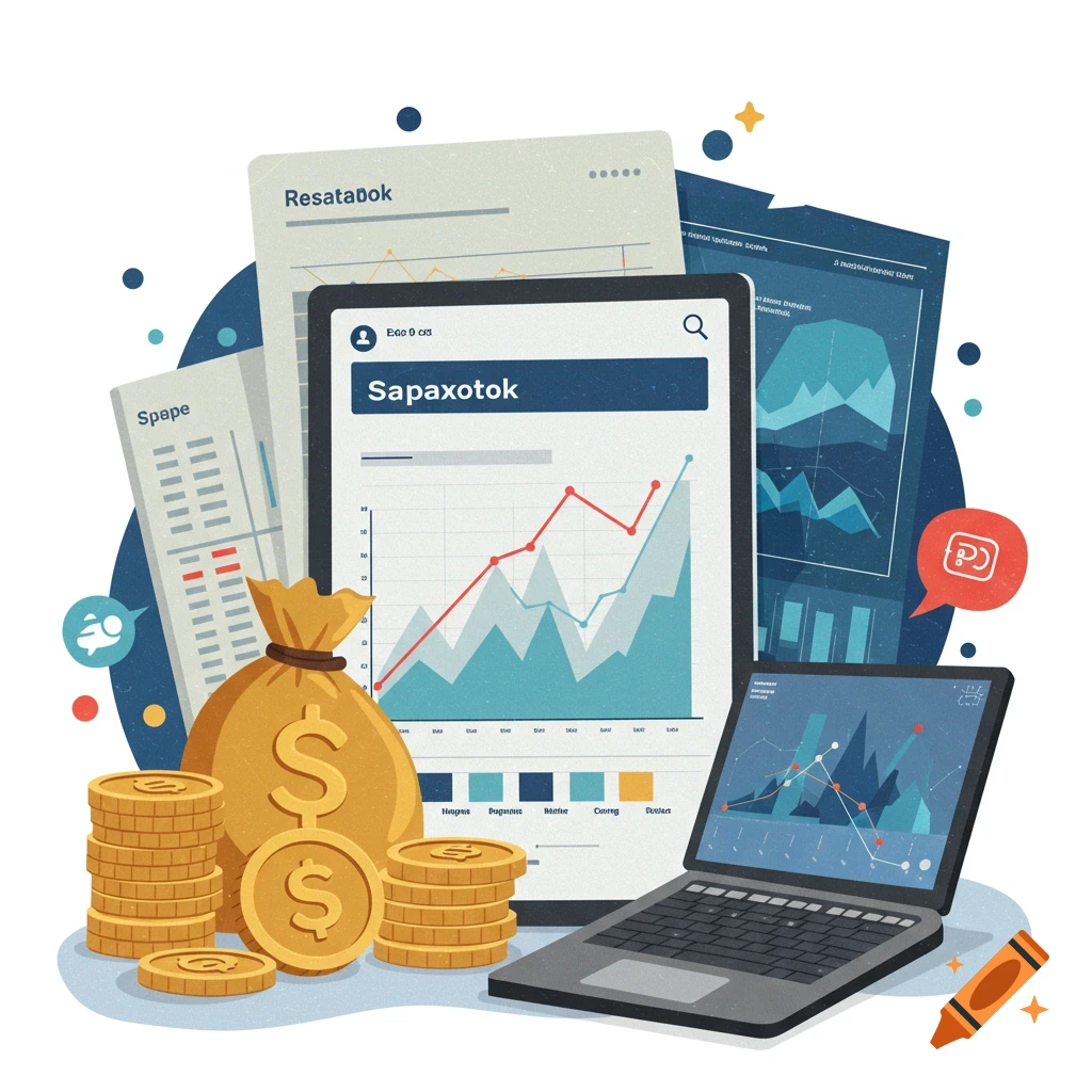 Illustration of financial analysis with charts on screens and papers, gold coins, money bag, and laptop.
