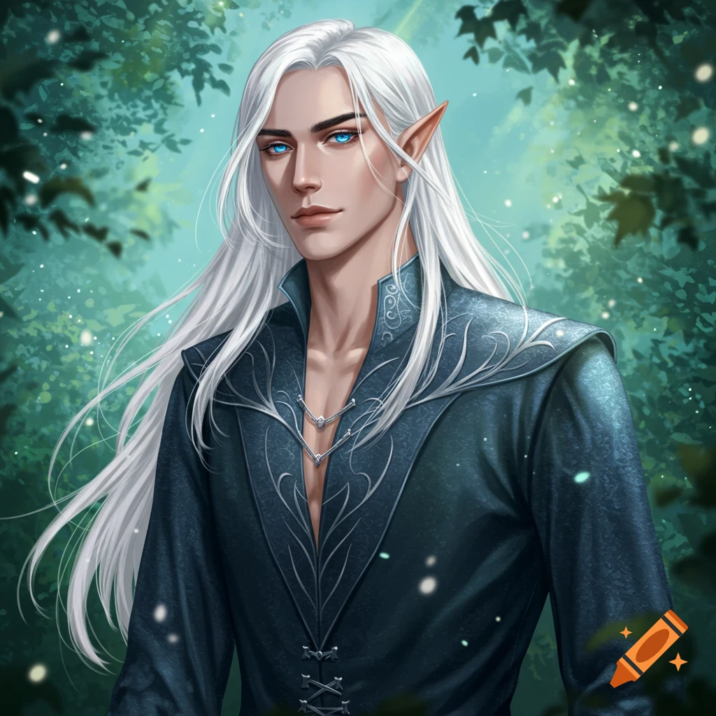 An elf prince with white hair and blue eyes is in a forest.