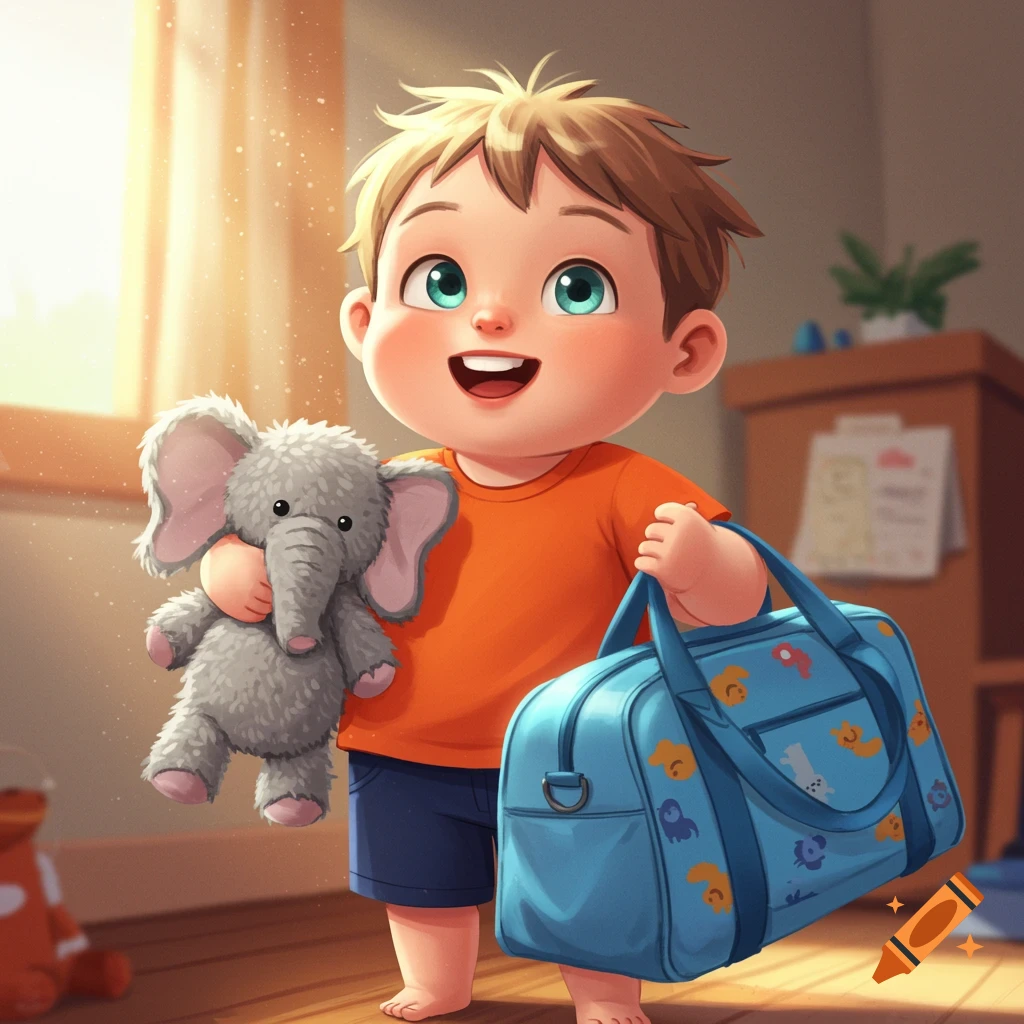 Cartoon child holds a stuffed elephant and a blue bag in a sunny room.