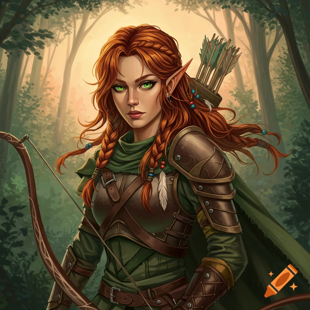 Fantasy elf archer with green eyes in a forest