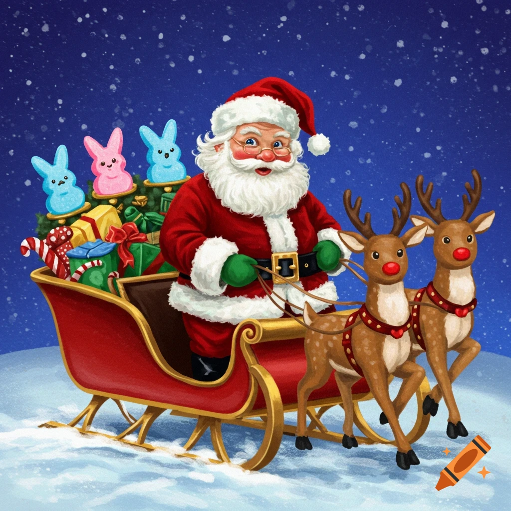 Santa in a sleigh with reindeer, gifts, and Peeps in a snowy scene.