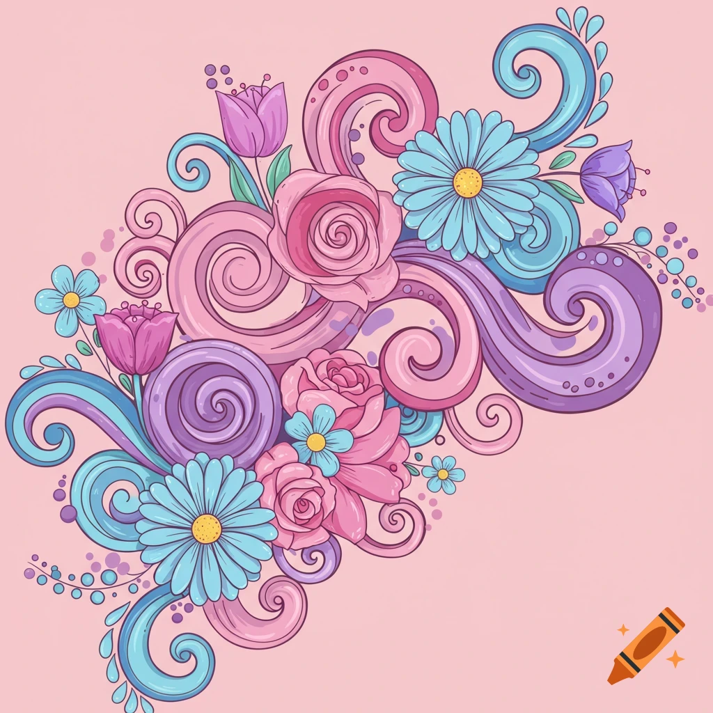 Colorful floral arrangement with roses, tulips, and swirling patterns in pastel colors