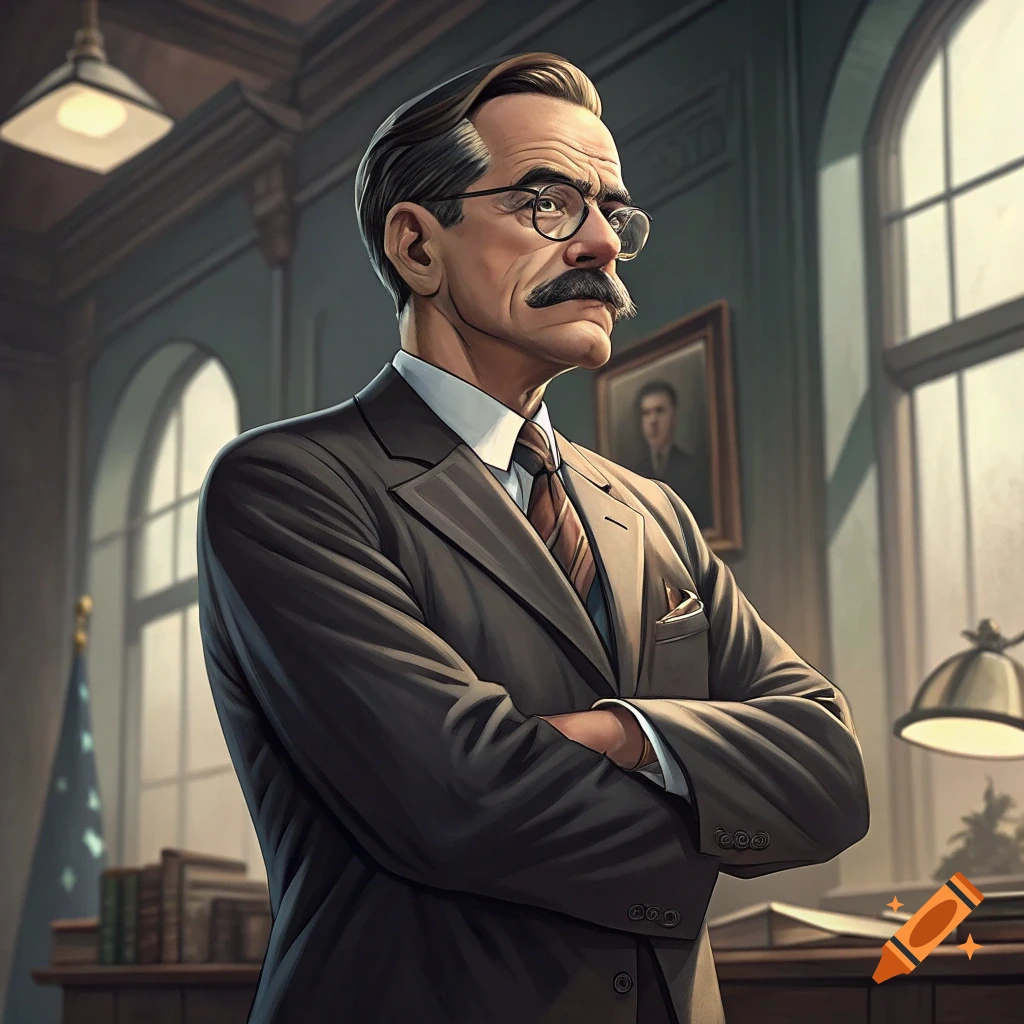 Illustrative portrait of a man with a mustache and glasses in a suit, standing with arms crossed in an office.