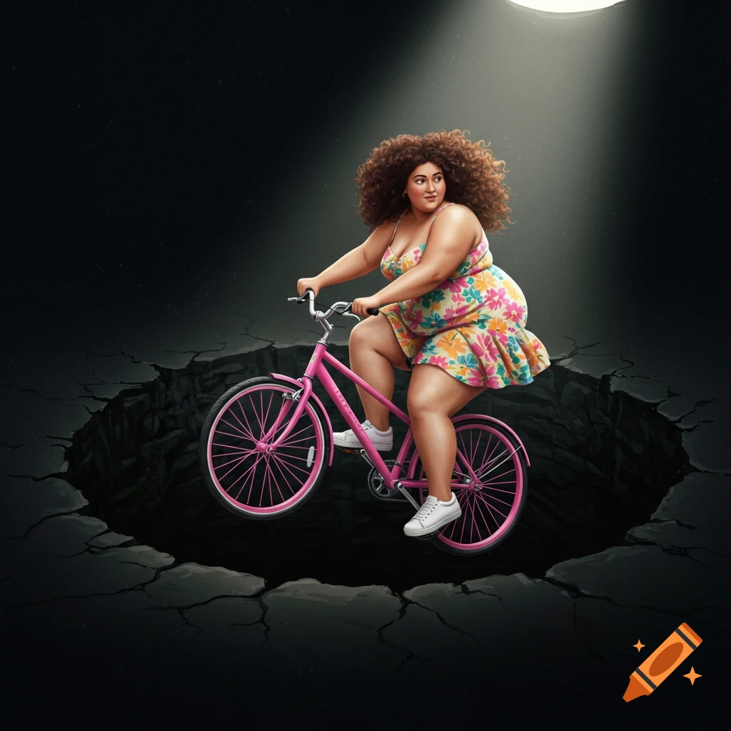 A heavy-set woman rides a pink bicycle over a large cracked hole.