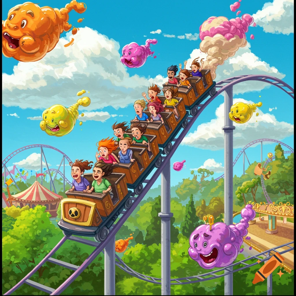 Cartoon image of a rollercoaster car full of happy people ascending a track, with colorful, whimsical floating creatures around them in an amusement park.