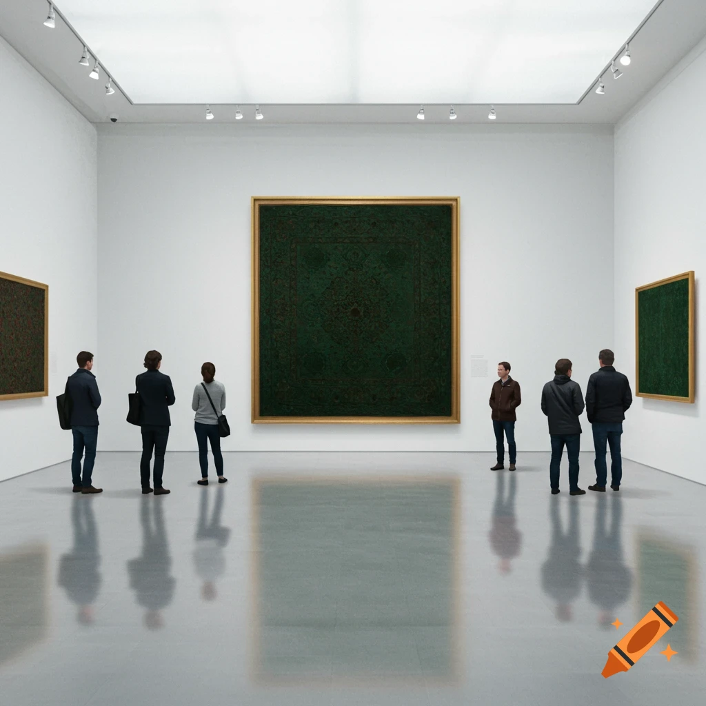 People view large green artworks in a spacious, modern art gallery.