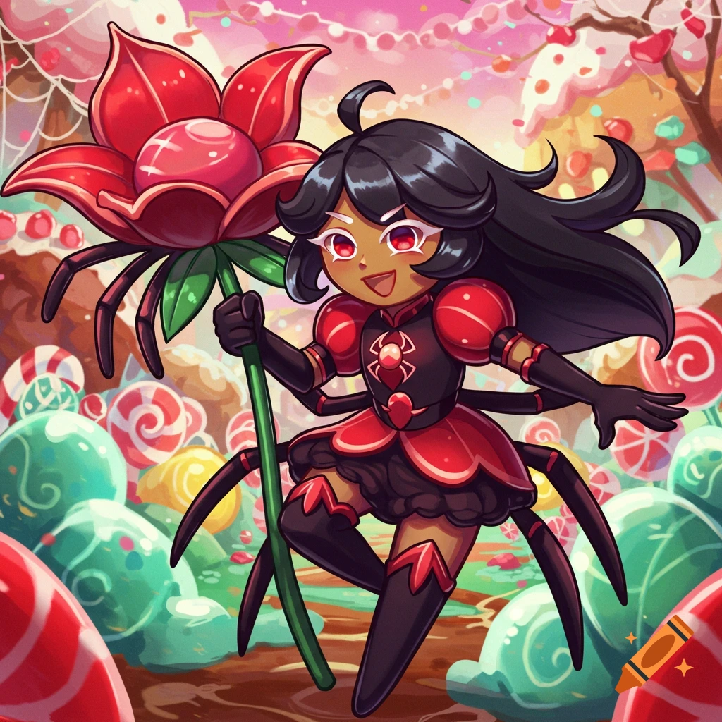 Cartoon cookie character in spider-themed dress holds a red flower in a candy land.