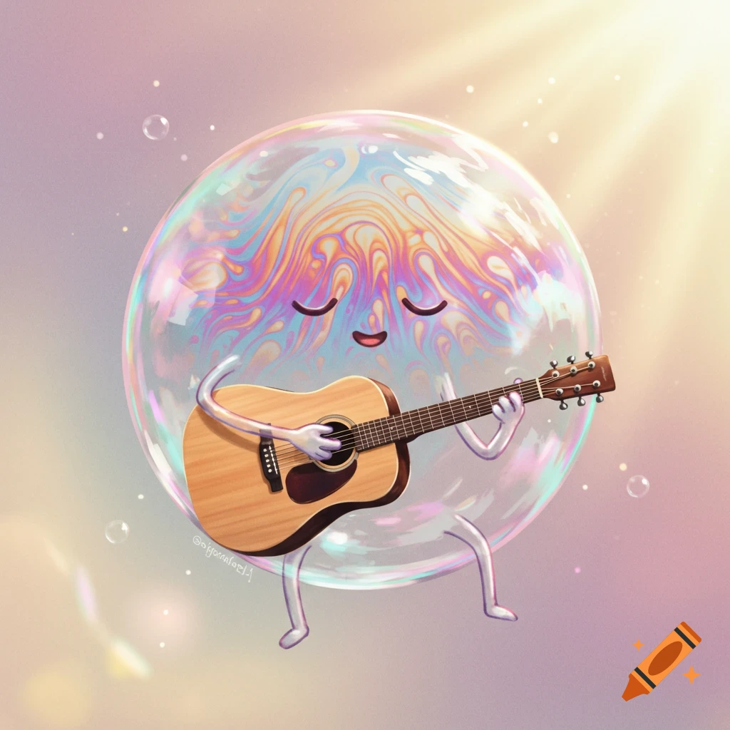 Cartoon bubble character playing an acoustic guitar, digital art