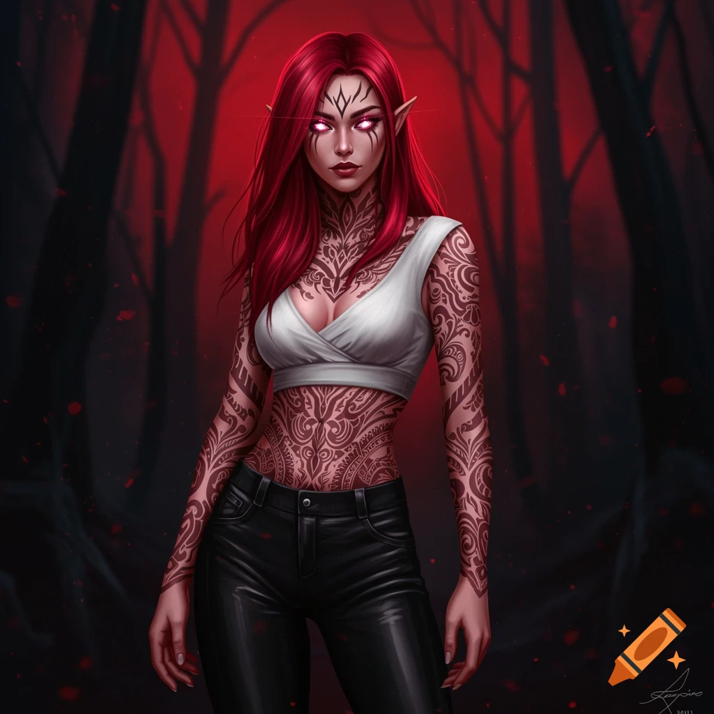 A fantasy woman with red hair, glowing eyes, and full body tattoos in a crop top and pants standing in a dark forest.