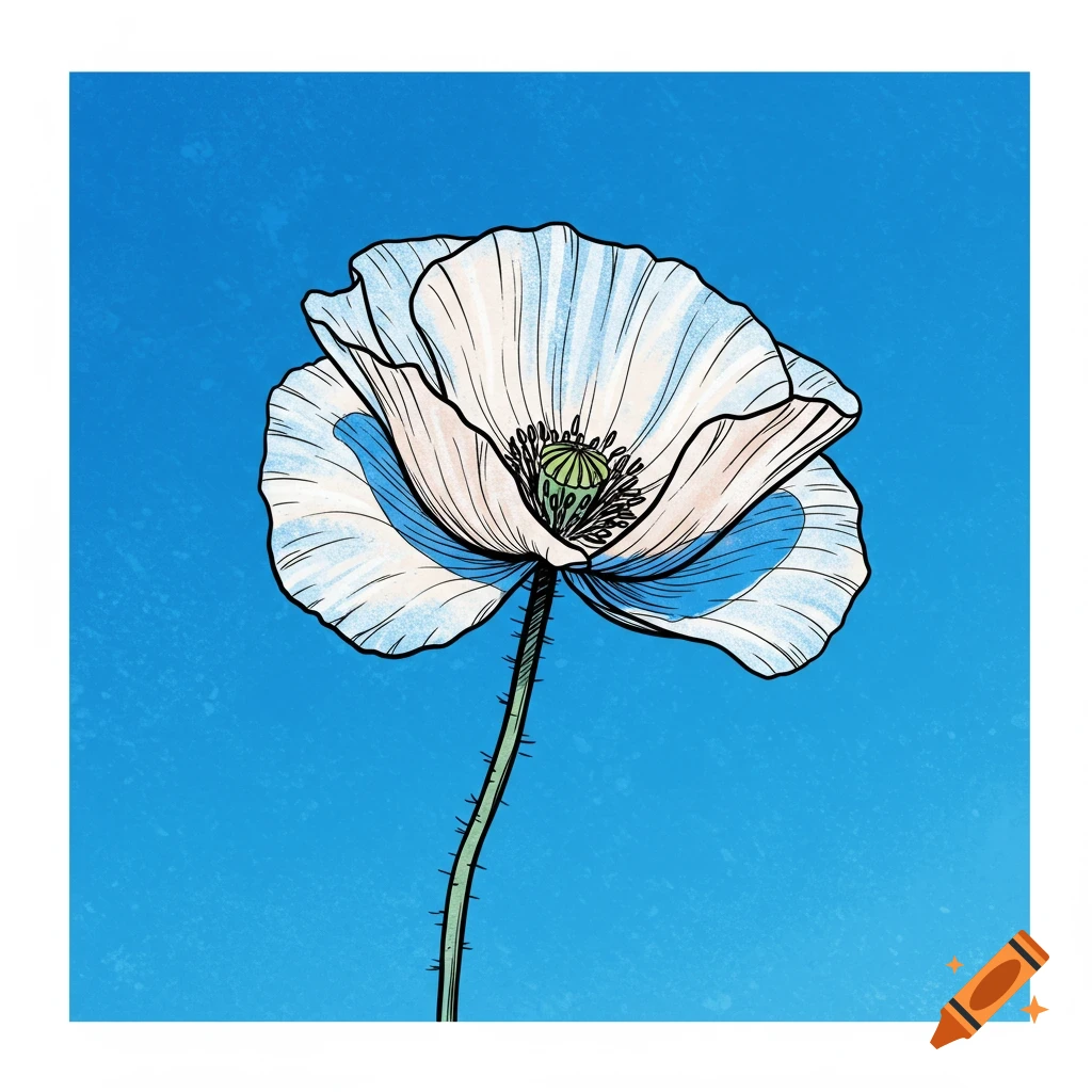 Digital illustration of a white poppy flower with blue accents on a blue background.