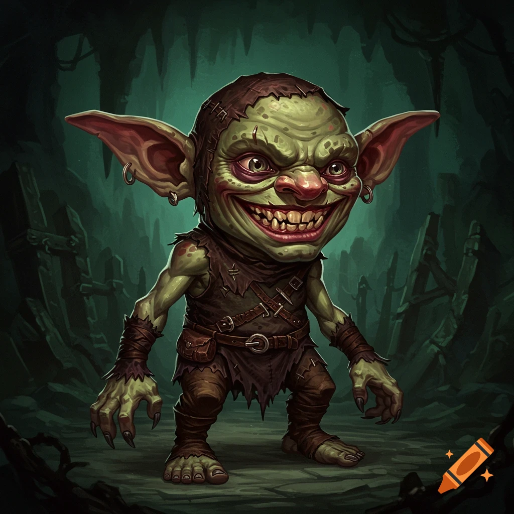 A stylized illustration of a green goblin with large ears and a wide grin stands in a dark cave.