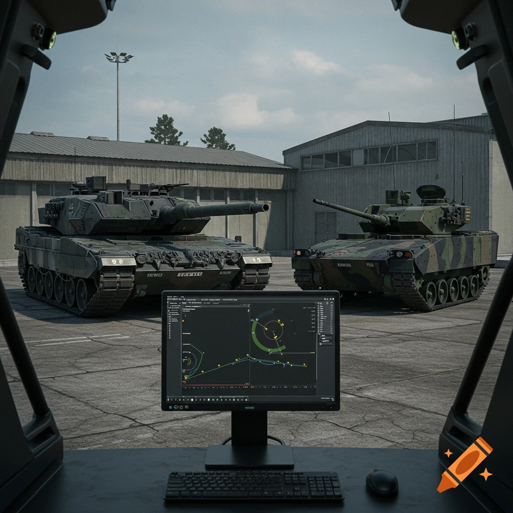 Two tanks, a Leopard 2 and a CV90, parked near a building, viewed through a window with a computer screen in the foreground.