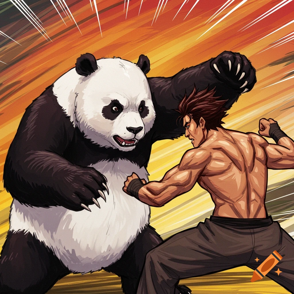 A person fighting a large panda. on Craiyon