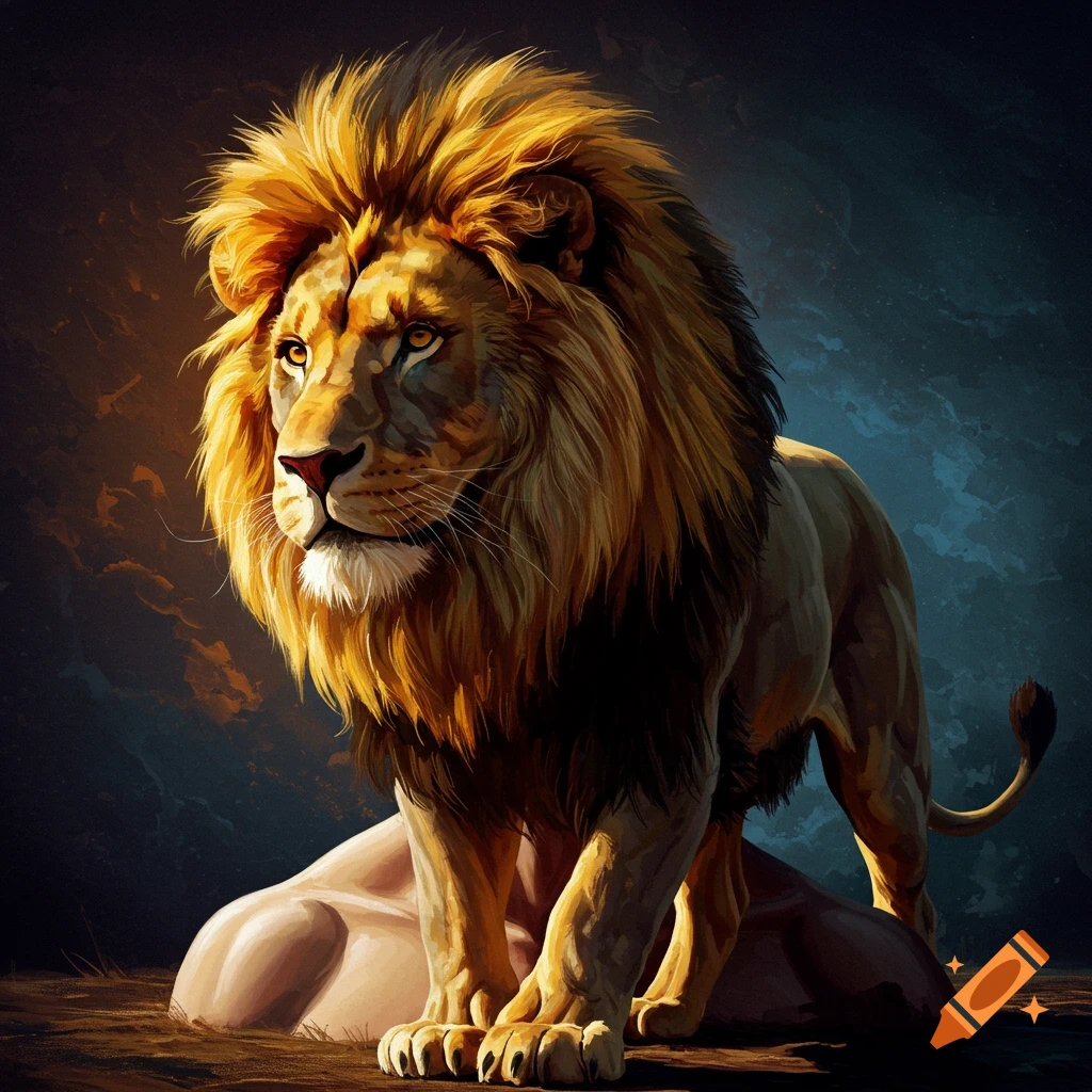 A detailed image of a male lion standing on a rock, looking left, with a dramatic sky behind it.