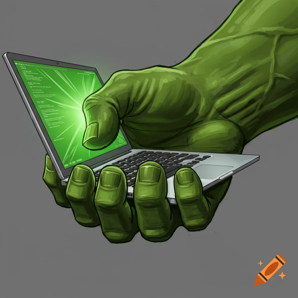A large green hand, like the Hulk's, holding a silver laptop with a glowing green screen showing code.