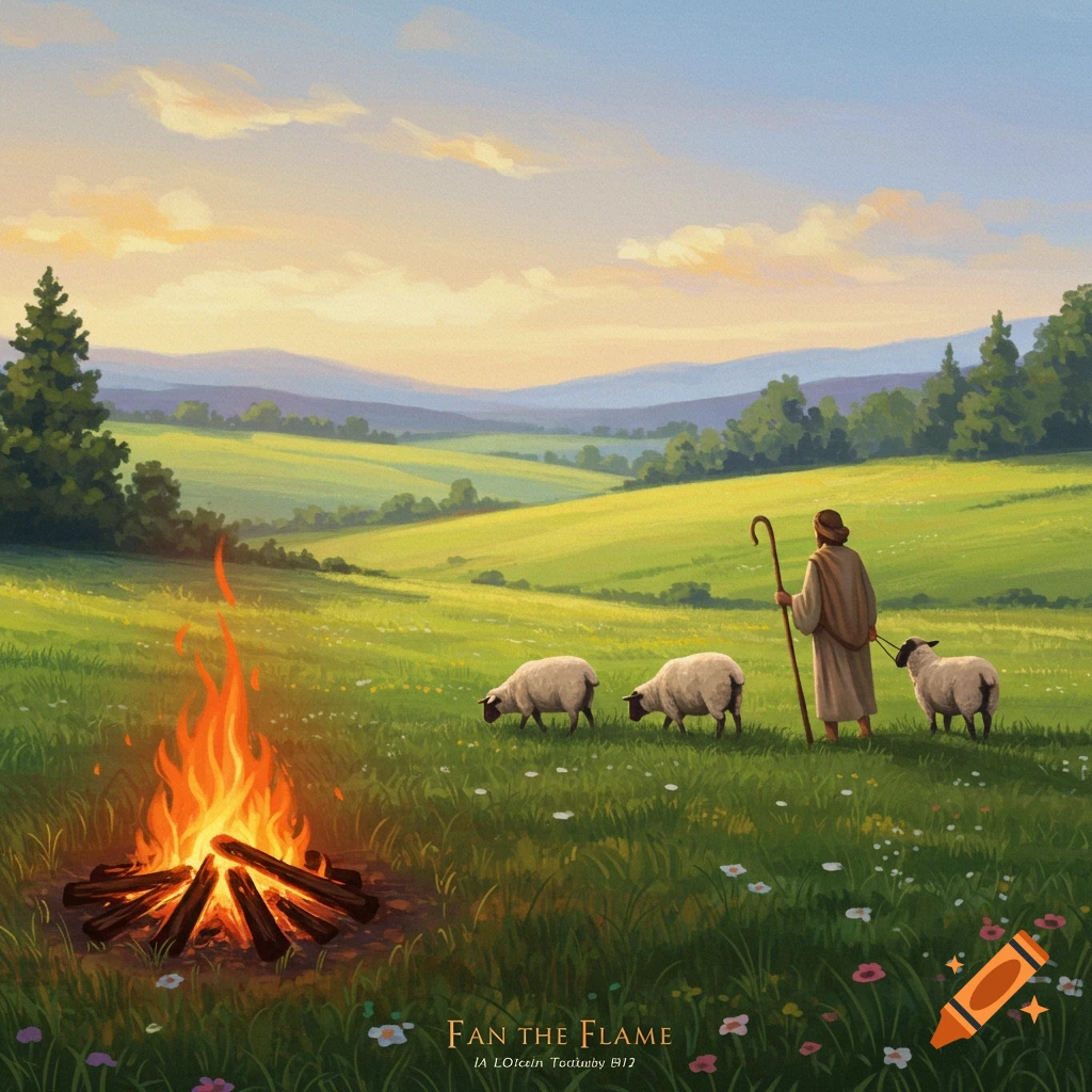 A shepherd with sheep near a campfire in a green hilly landscape at sunset.