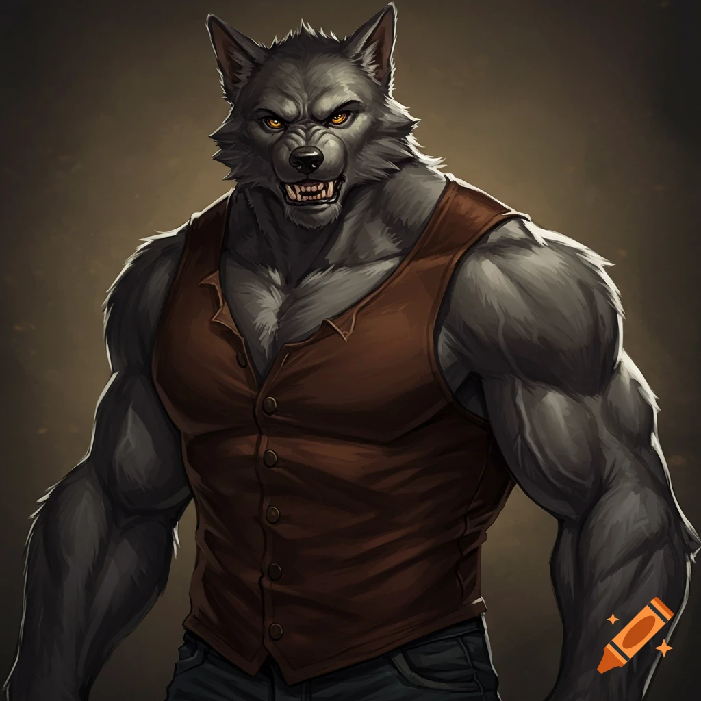 A muscular werewolf wearing a vest