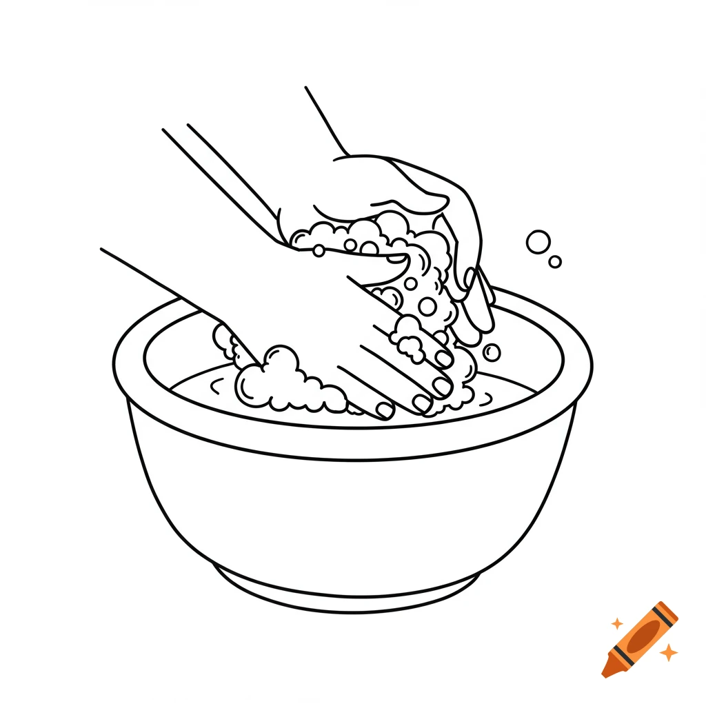 Line art drawing of hands washing in a bowl with soap bubbles, suitable for a coloring book.