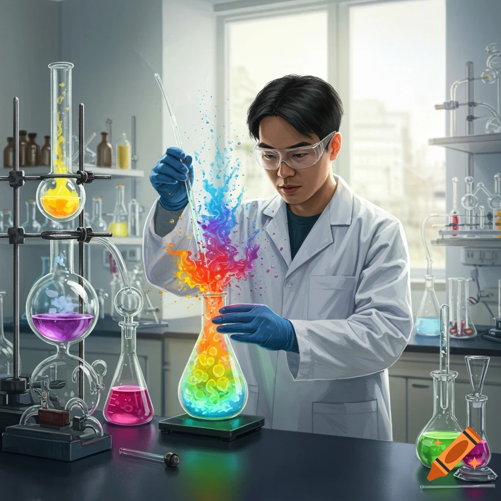 A scientist mixing colorful chemicals that spill out of a flask in a laboratory.
