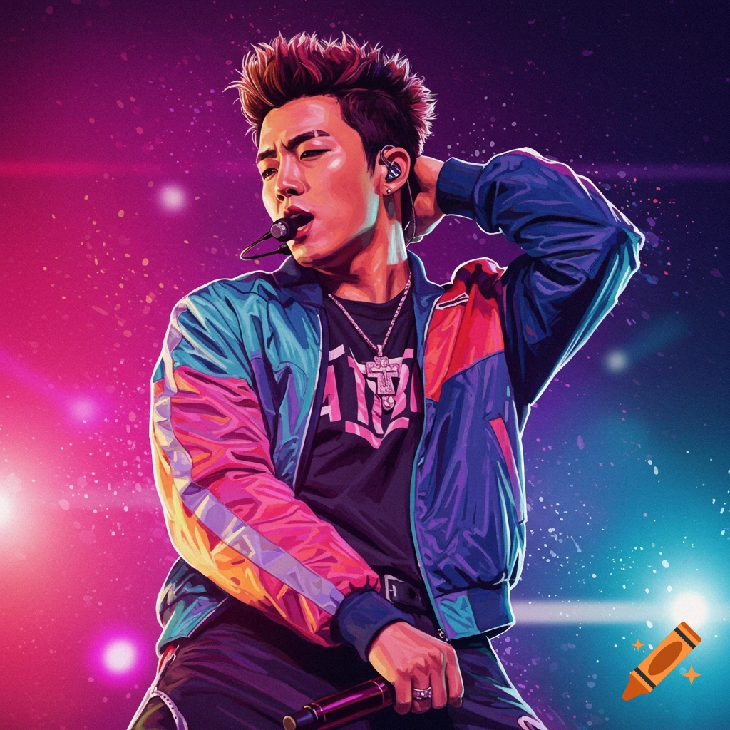 A male musician on stage wearing a colorful jacket, holding a microphone.