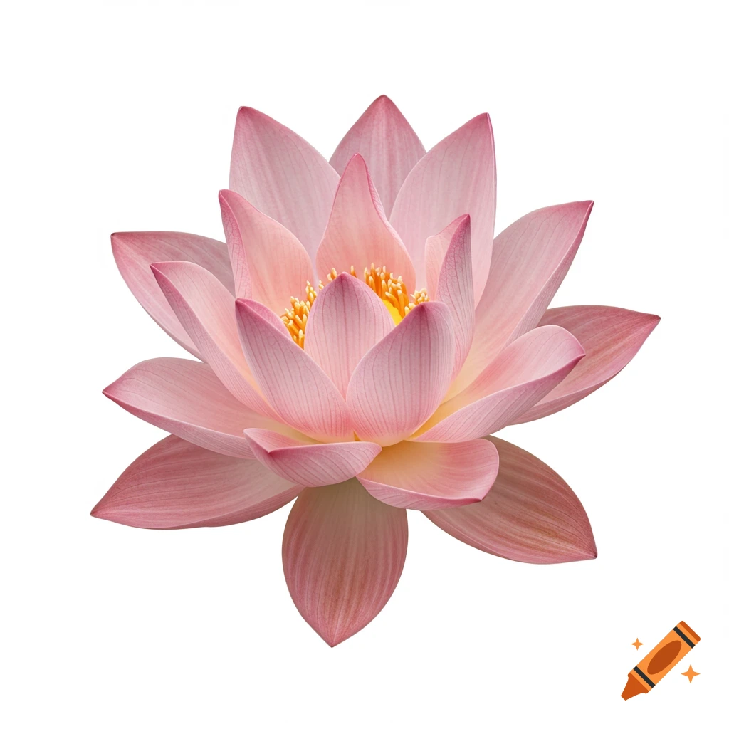 A close-up view of a pink lotus flower with a yellow center, isolated on a white background.