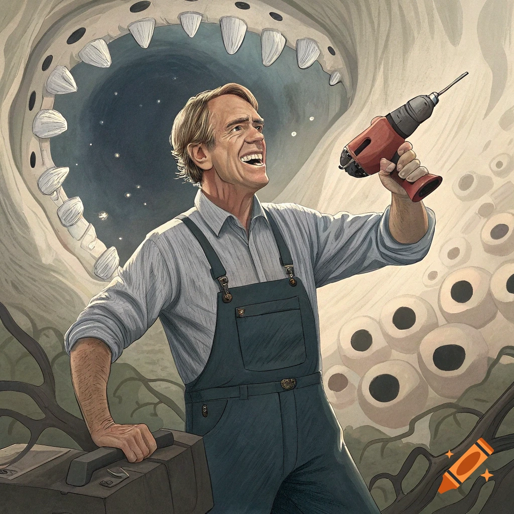 Illustration of a man in overalls with a drill facing a giant creature mouth with teeth and eyes.