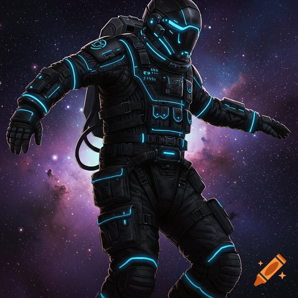 Astronaut in a futuristic black and blue suit floating in space.