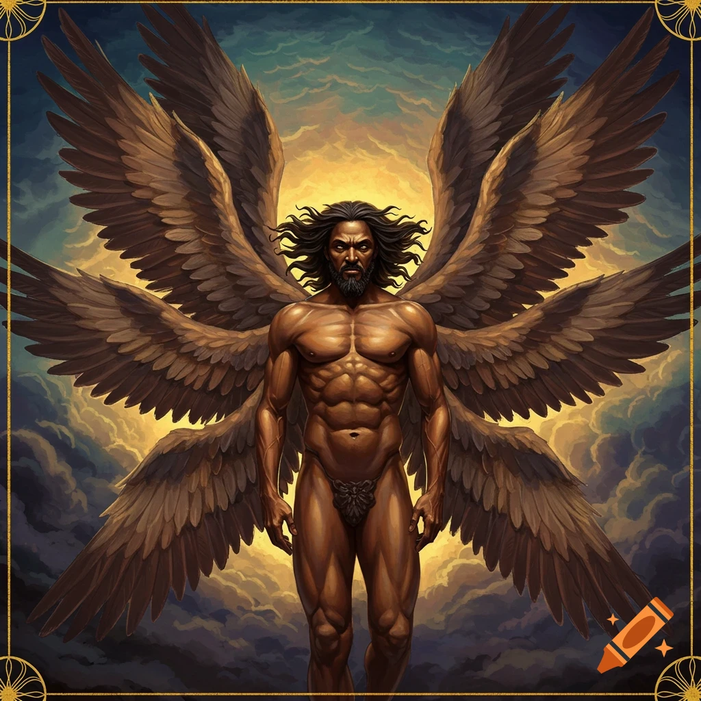 A muscular male angel with multiple large wings stands in clouds.