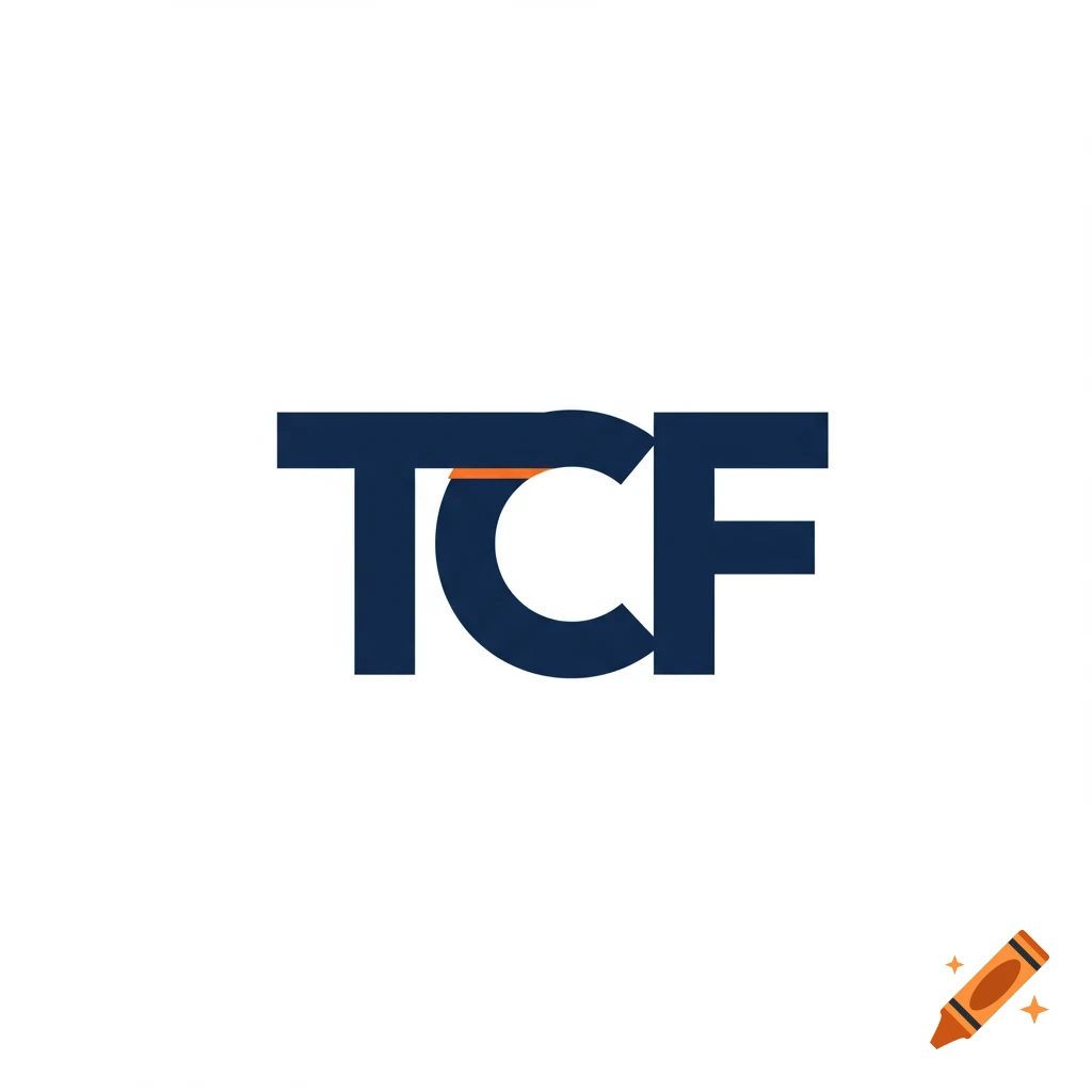 Logo with dark blue letters TCF and an orange line over the C on a white background.