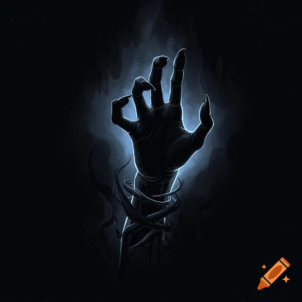 A dark, disembodied hand with sharp claws emerges from shadows, wrapped in tendrils.